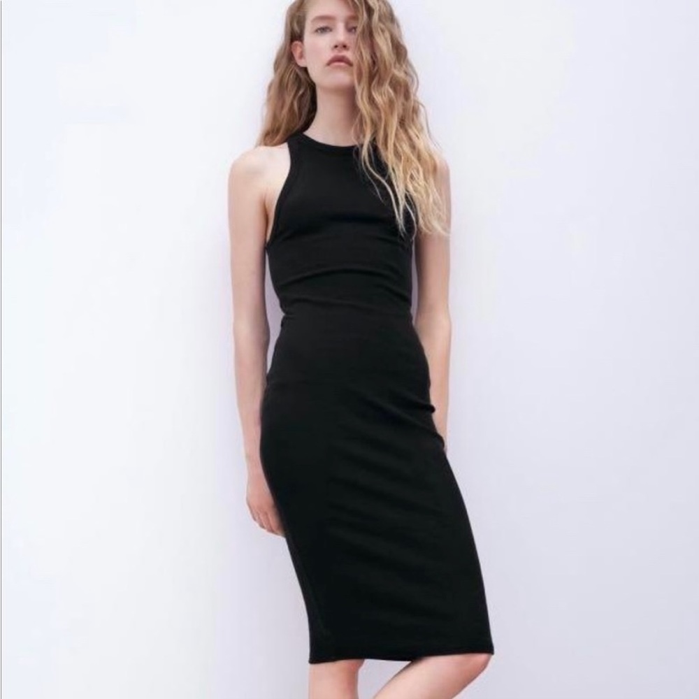 ZARA Black Ribbed Minimalist Midi Tank Dress Size Medium